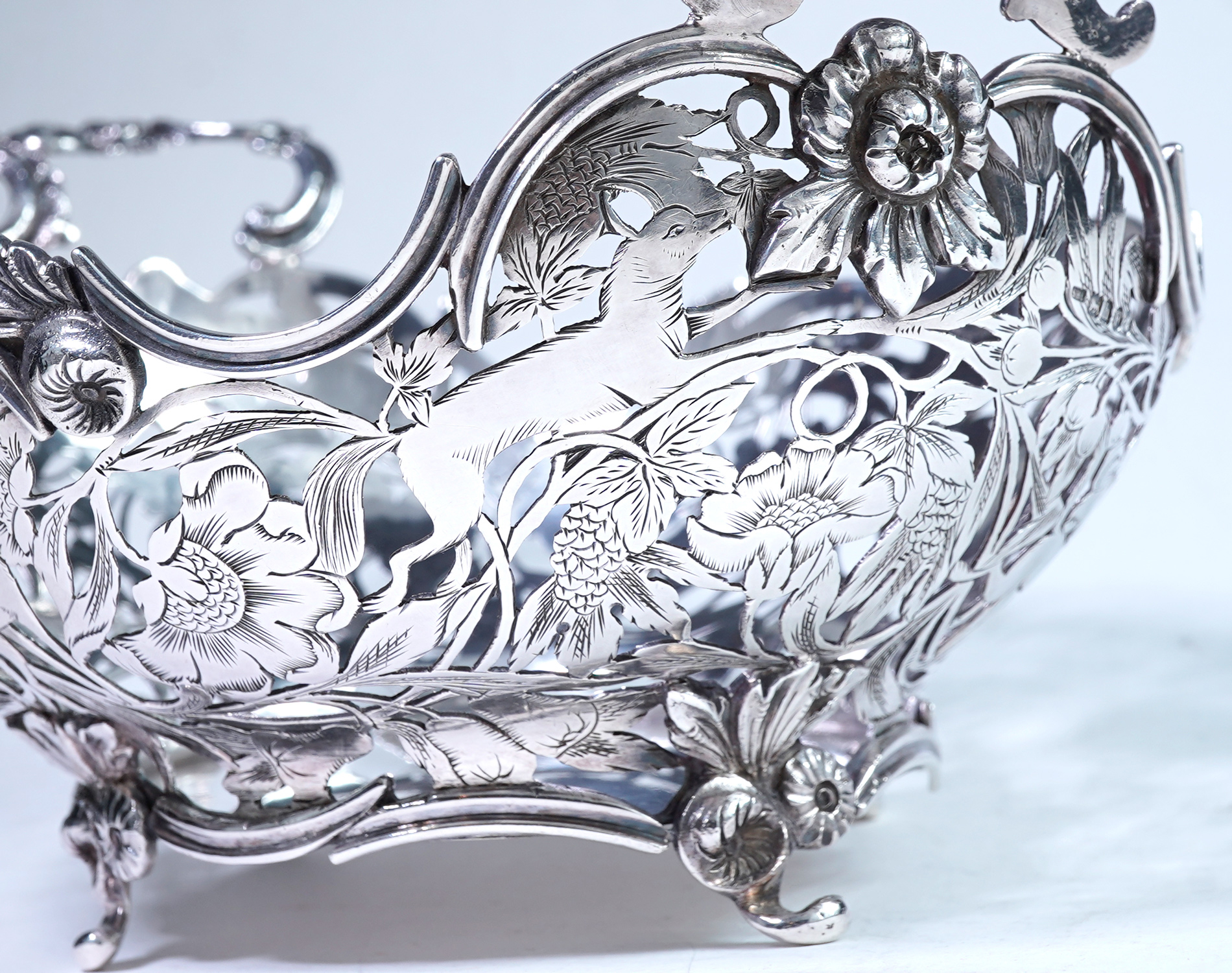 Rococo silver basket — handle detail
