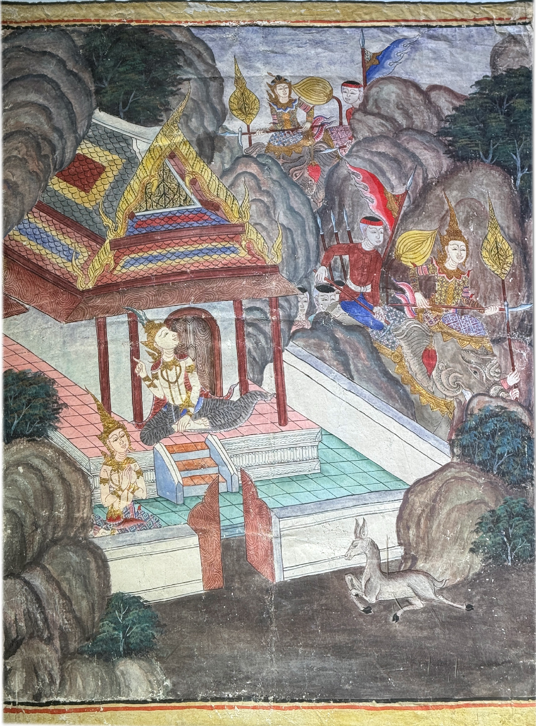 Siamese Buddhist temple mural-style painting, c.1850 — Ramakien scene on linen