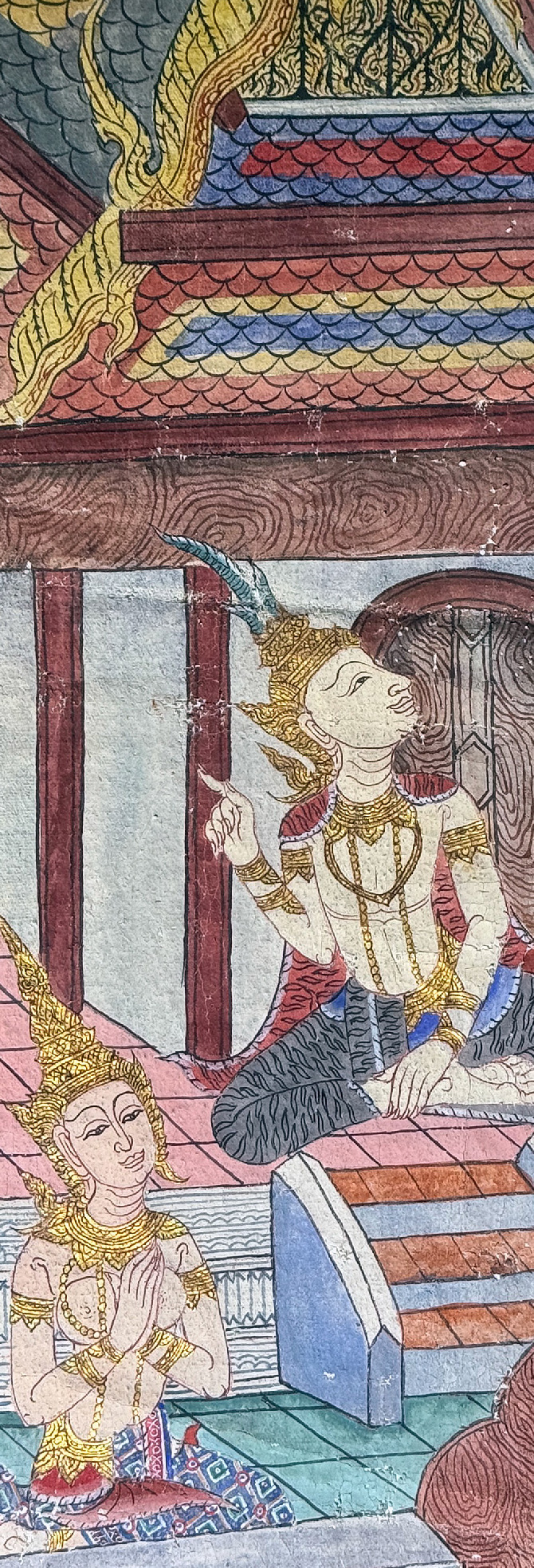 Siamese mural painting — left panel detail, pavilion court scene