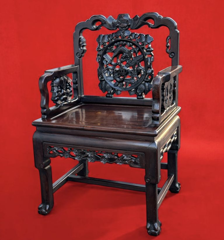 Rare Chinese Hardwood Armchair with Carved Longevity Panel, Qing Dynasty, 19th Century