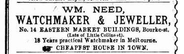1879 advertisement for Wm. Need, Melbourne jeweller