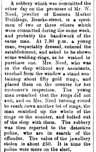 1890 newspaper report — Need jeweller robbed of £50 in gold rings