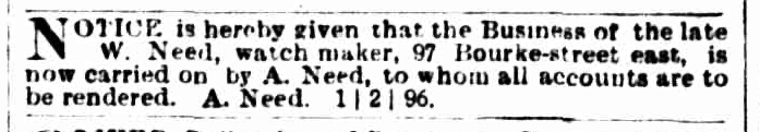 1896 — obituary for the late W. Need, Melbourne jeweller