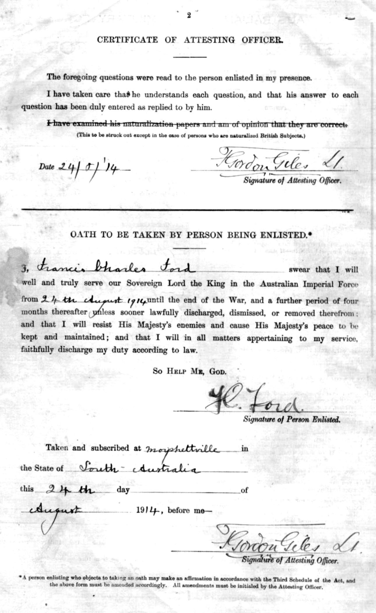 Ford enrolment record, 10th Battalion AIF, 1914