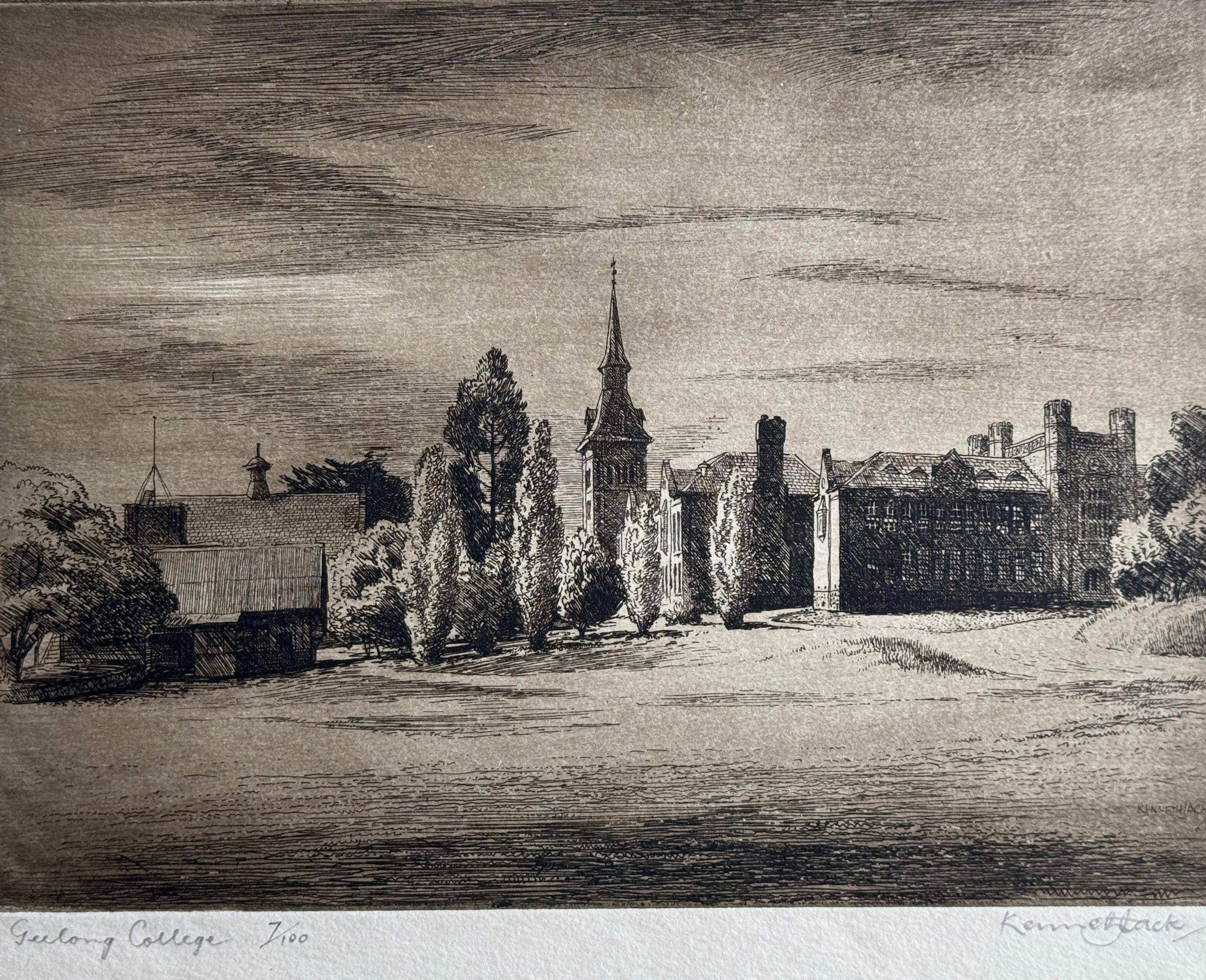 Kenneth Jack — The Geelong College, etching, 1960s