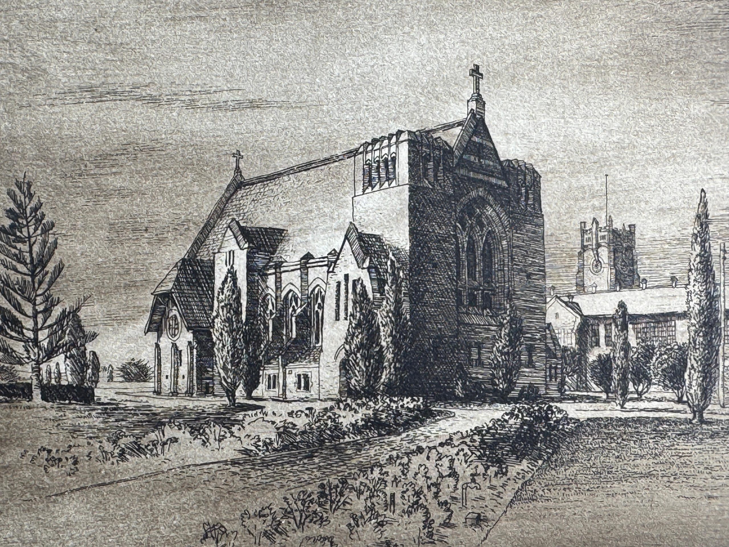 Kenneth Jack — The Geelong Grammar School, etching, 1960s