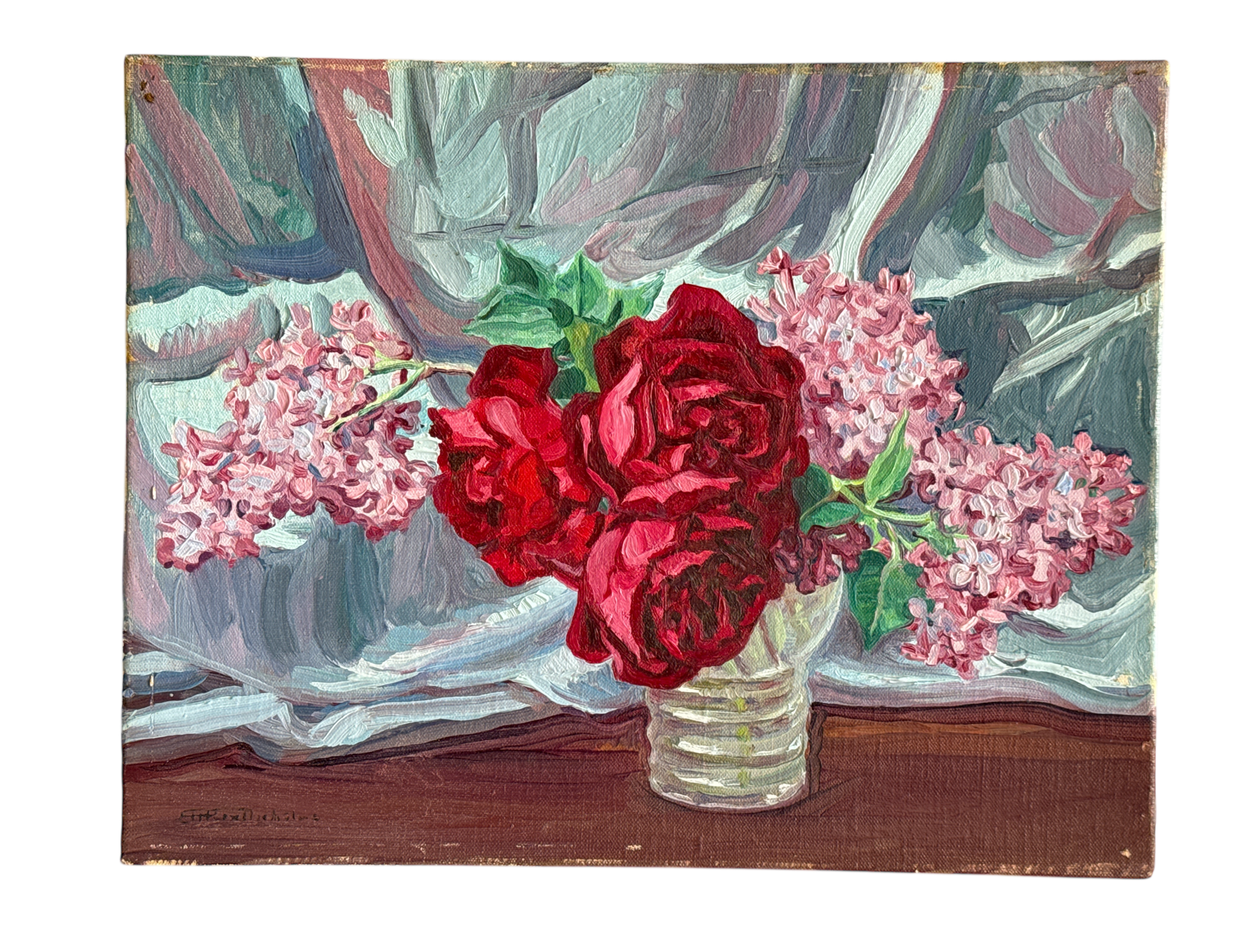 Hilda Rix Nicholas — still life with roses and lilac, c.1920s