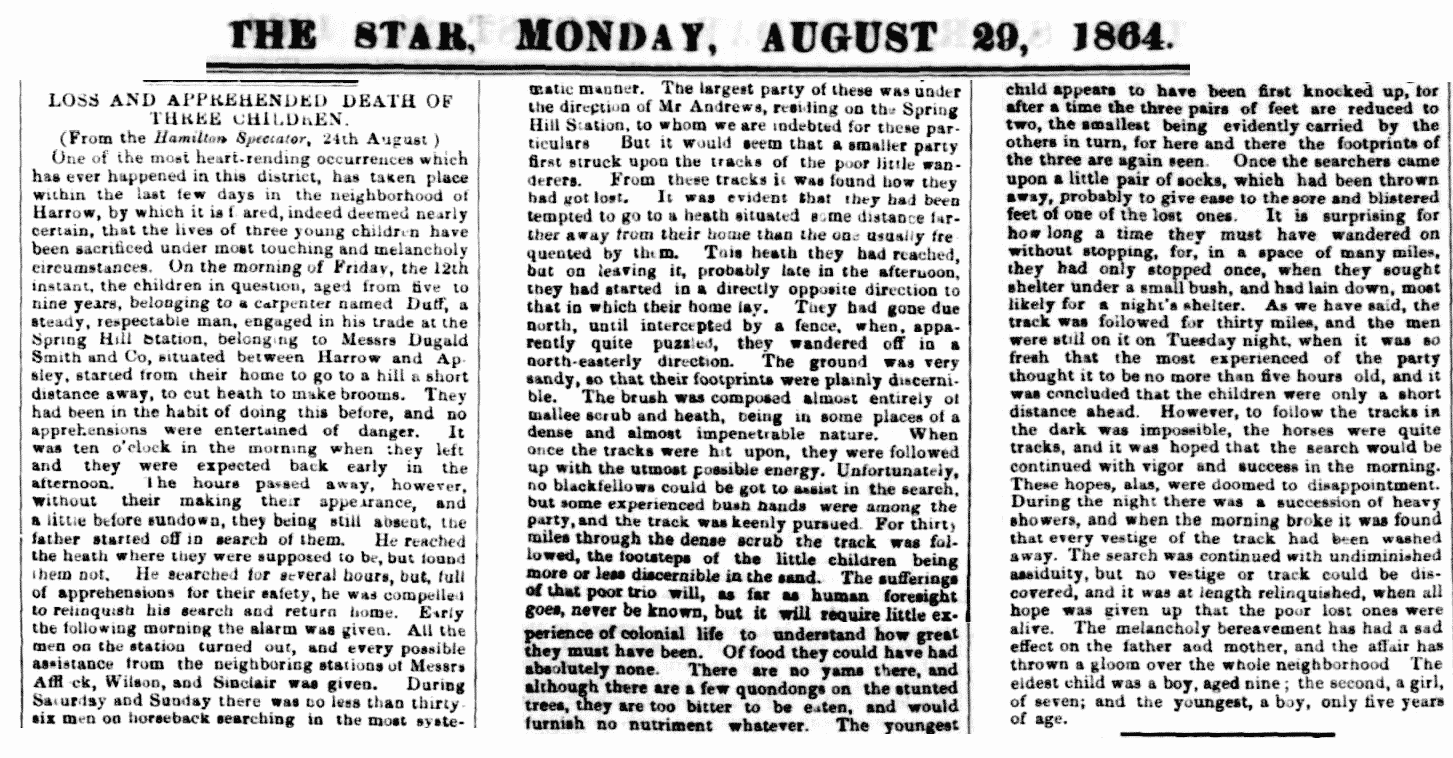 Ballarat newspaper report on the Duff children, 1864
