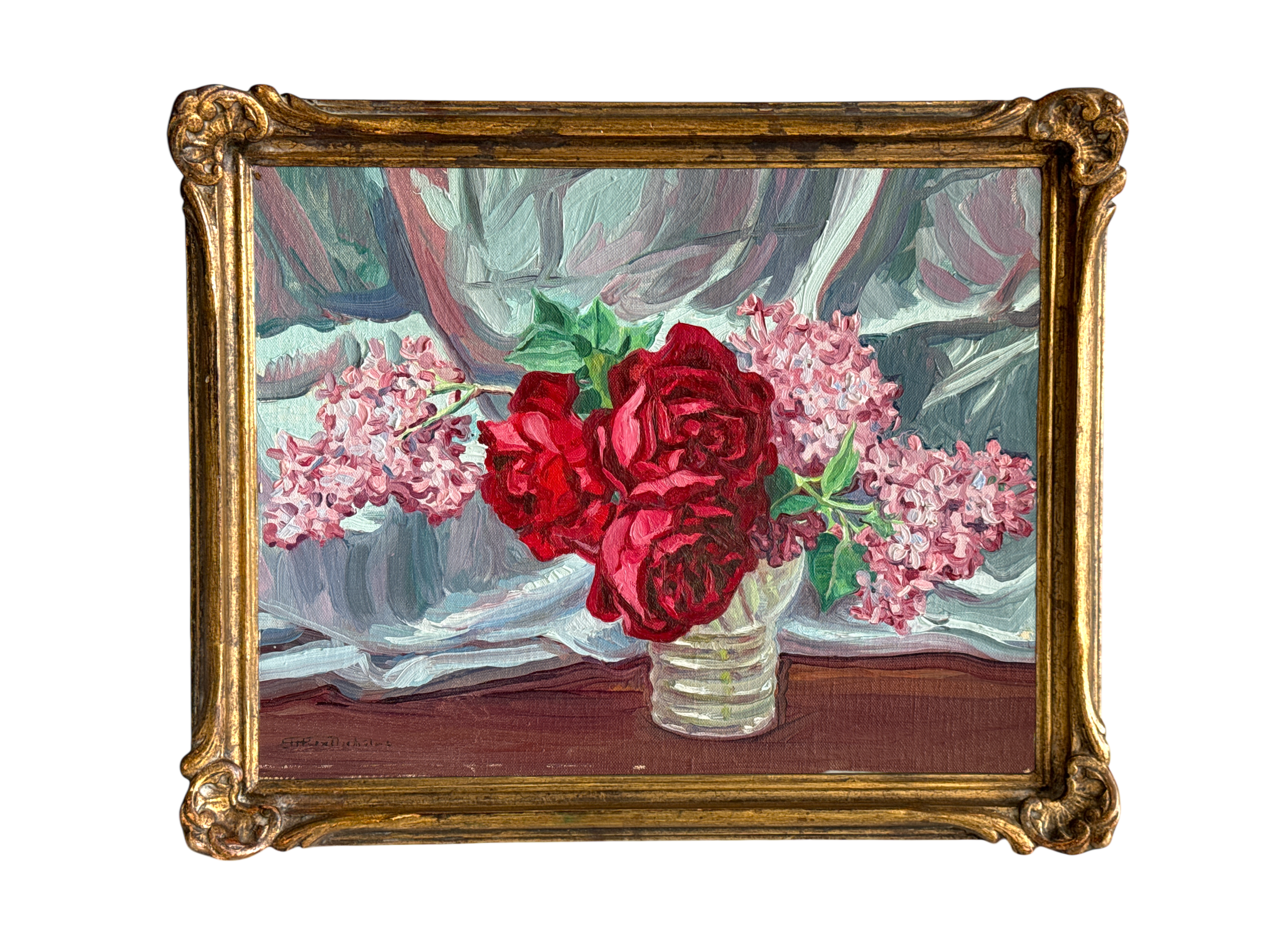 Hilda Rix Nicholas still life — reverse and label detail